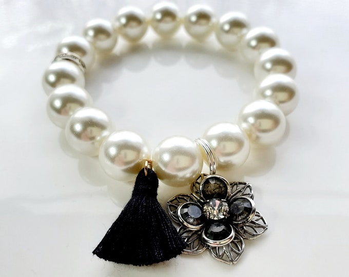 Austrian crystal pearl bracelet with Austrian crystal flower charm and tassel