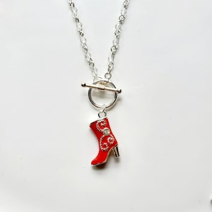 Red rhinestone cowgirl boot charm necklace on crystal rosary bead chain