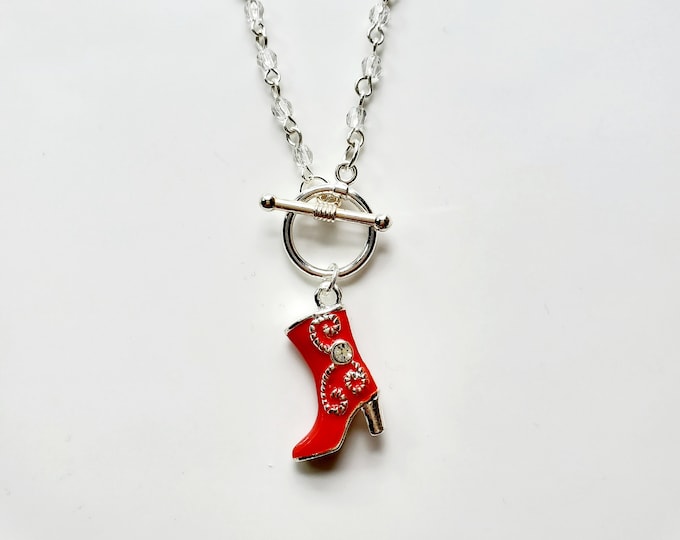Red rhinestone cowgirl boot charm necklace on crystal rosary bead chain
