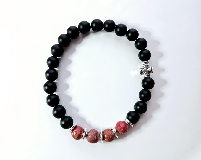Truly blessed Mens bracelet with black onyx and red jasper beads and antique silver cross bead.