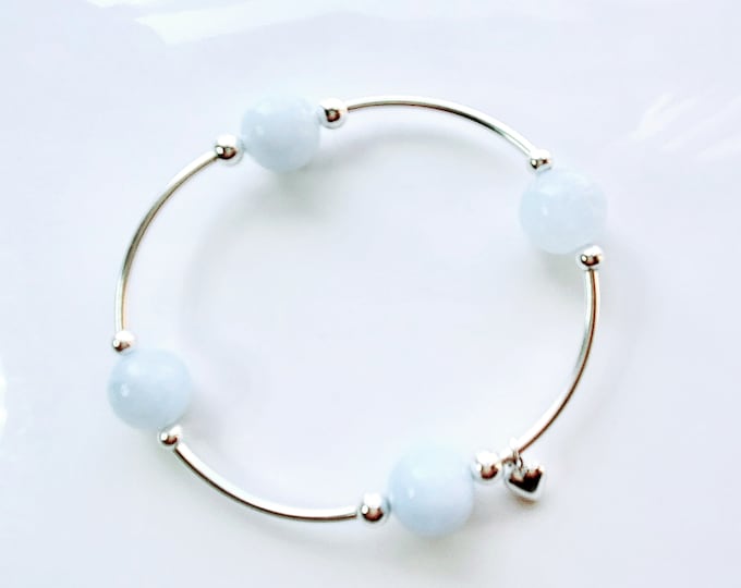 Truly Blessed, count those blessings aquamarine gemstone bead bracelet, sterling silver beads and silver heart charm.