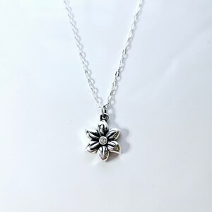 Peut inclure: Un collier en chaîne argent avec un petit pendentif en forme de fleur argentée orné d'un strass transparent au centre.