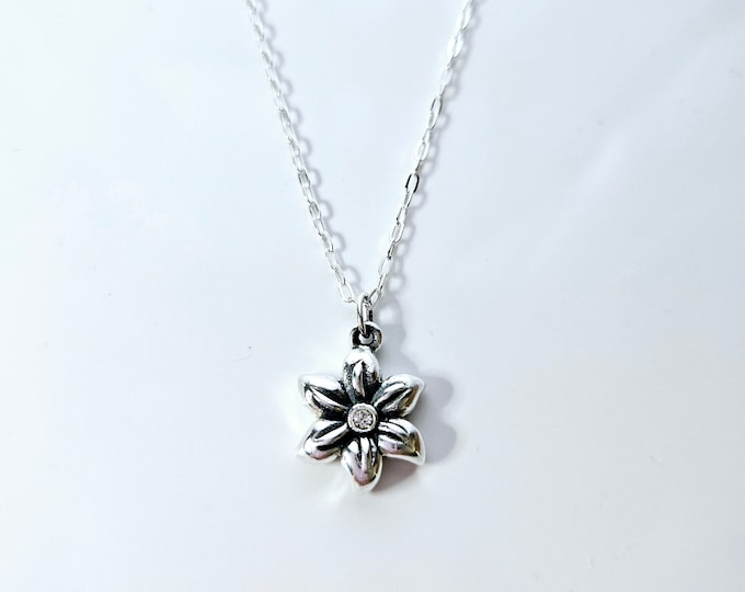 Rhinestone flower necklace on sterling silver paperclip chain, flower charm