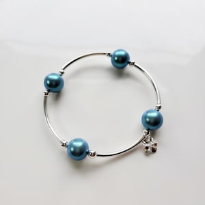 Sterlingzilver, tel je zegeningen, bloemenbedelarmband, parelmoerblauwe parels