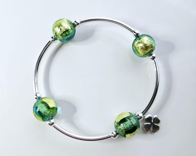 Truly Blessed, Irish blessing bracelet with flourescent green and gold shimmer Italian  murano glass beads with sterling silver clover charm