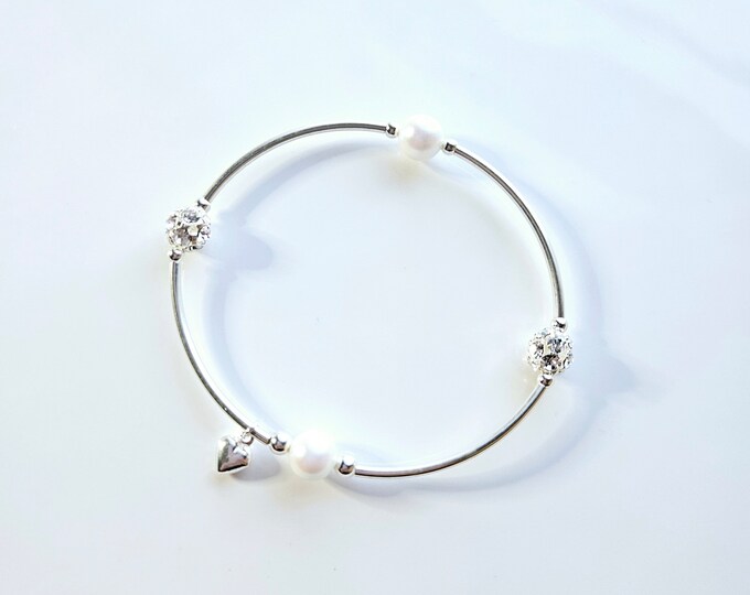 Truly Blessed, count those blessings bracelet with white pearlescent pearls, sterling silver beads and silver heart charm.
