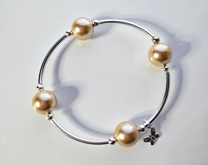 Silver Butterfly Blessing, be beautiful like a butterfly bracelet with gold Austrian crystal pearls and silver butterfly charm