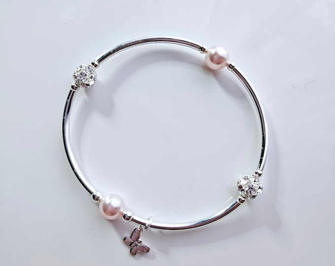 Truly Blessed, count your blessings bracelet with Austrian crystal rosaline pearls, pave crystal beads and sterling silver bead and charm.