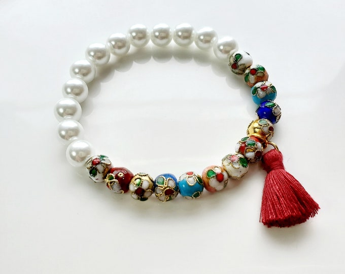 Cloisonne' and pearl bracelet with tassel