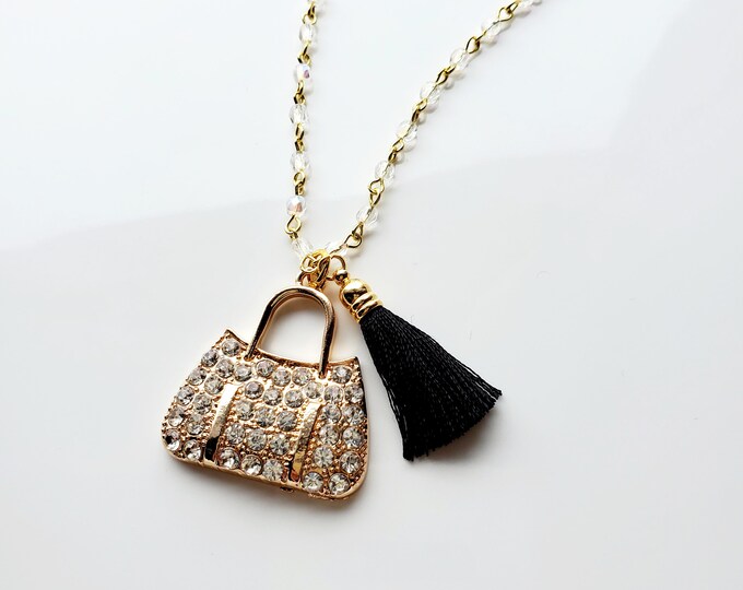 Gold plated crystal Handbag necklace with black tassel on rosary bead chain