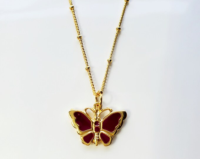 Gold plated wine color enamel butterfly on gold plated satelite chain