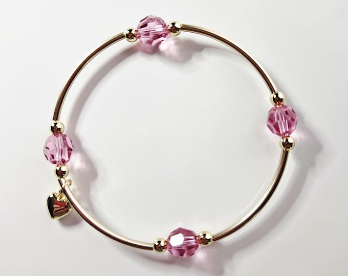 Rose Birthstone bracelet "Count Blessings" with gold filled beads and heart charm, October Birthdays