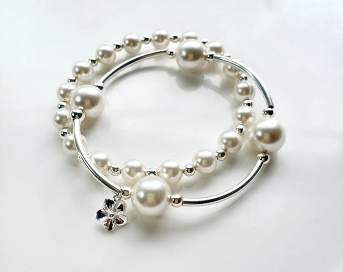White Austrian Crystal Pearl Bracelet, Sterling Silver Flower Charm