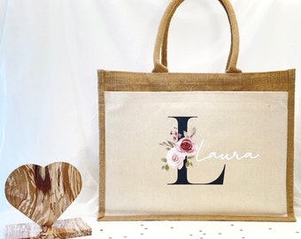 Personalisierte Tasche aus Jute mit floraler Initiale