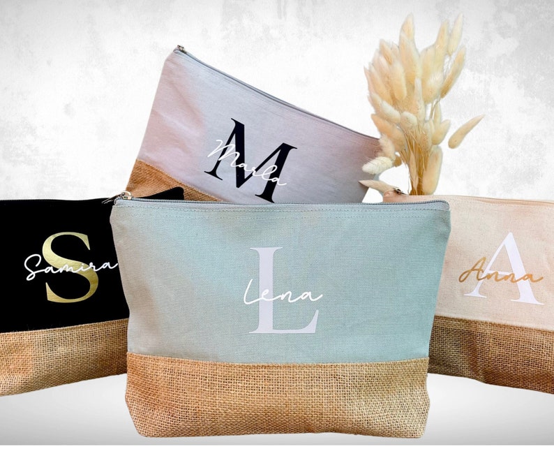 Gepersonaliseerde cosmetische tas Make-up tasje met naam jute afbeelding 1