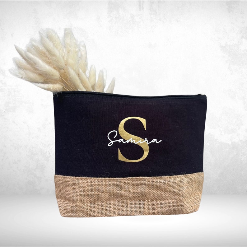 Personalized Cosmetic Bag Make-up bag with name jute Schwarz