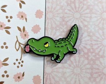 Scary But Cute Green Alligator Crocodile 1.5" Soft Enamel Pin Pinback Rubber Backing