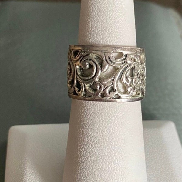 Sterling Silver Vintage Native American Filigree Wide Floral Design Cigar Band Ring Size 5.5