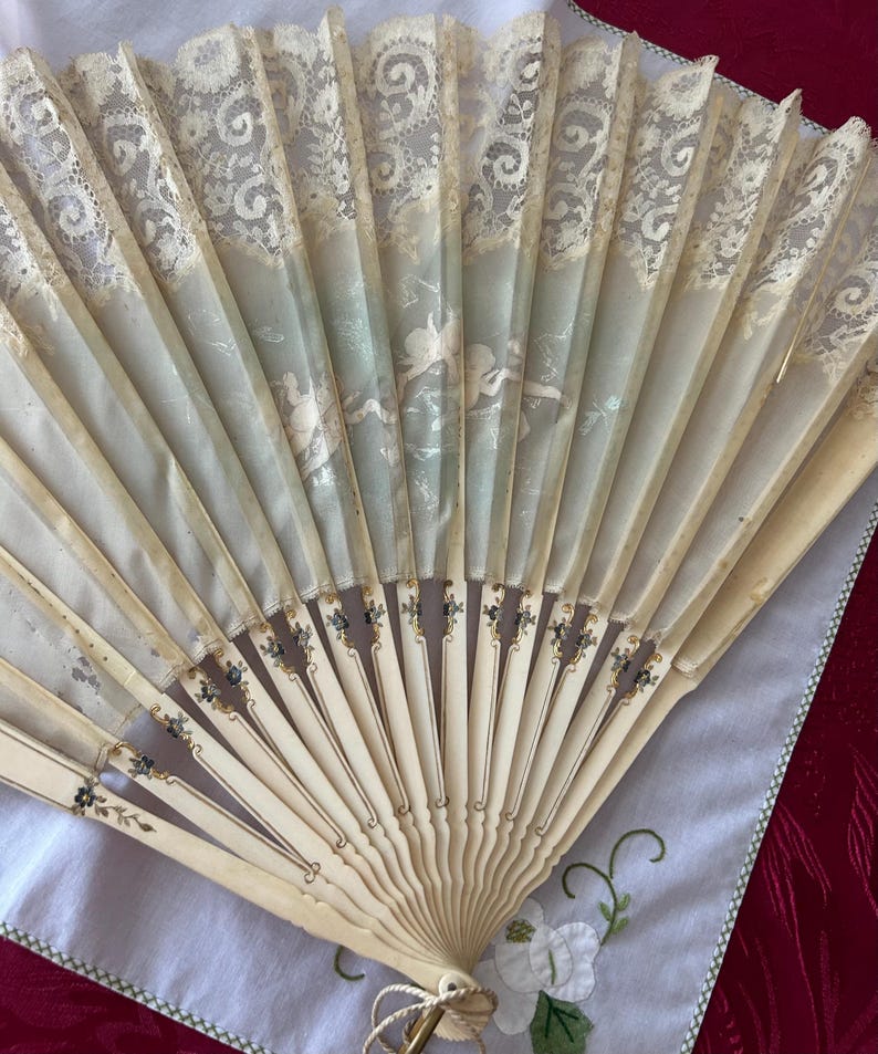 Antique Hand Painted Cherub Fan | Lace Trim Celluloid Edwardian Vanity Decor image 12