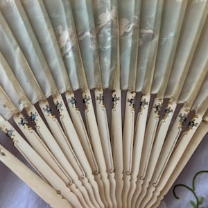 Antique Hand Painted Cherub Fan | Lace Trim Celluloid Edwardian Vanity Decor image 1