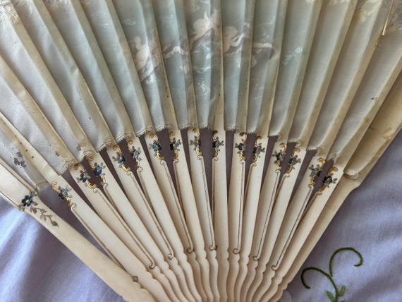Antique Hand Painted Cherub Fan | Lace Trim Celluloid Edwardian Vanity Decor