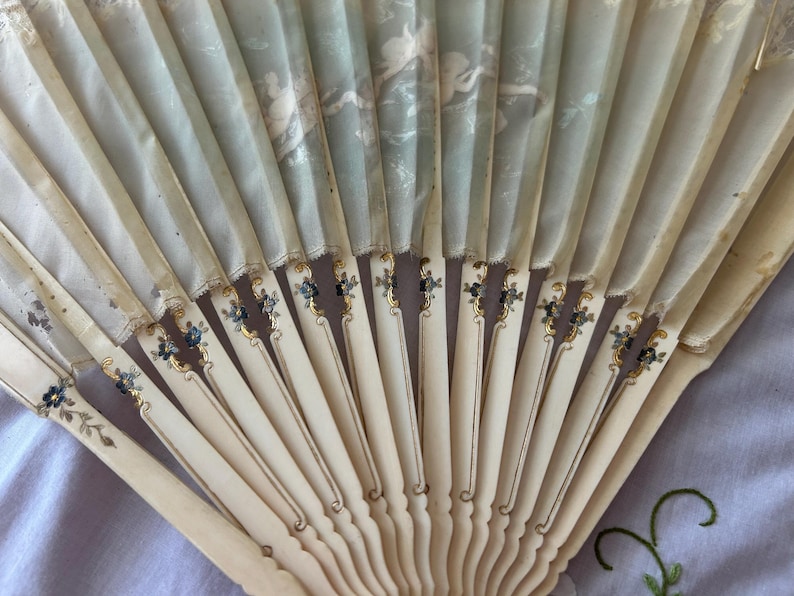Antique Hand Painted Cherub Fan | Lace Trim Celluloid Edwardian Vanity Decor image 1