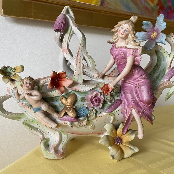 Antique Art Nouveau Porcelain Figurine Bowl with Angel and Maiden