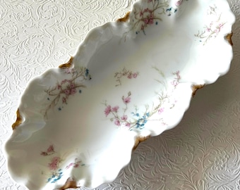RARE Haviland Limoges China SCHLEIGER -  11 7/8"  Celery Dish, Pink & Blue Floral