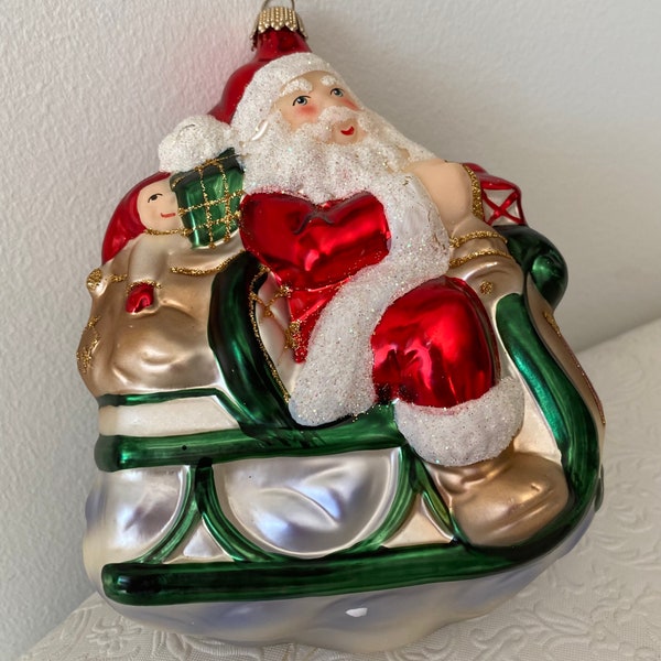 Vintage Large Glass Krebs of Germany Santa In Sleigh Christmas Ornament