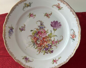 Antique Dresden Germany Hand Painted Floral Porcelain Dinner Plate 9.5” Gold Gilt Trim