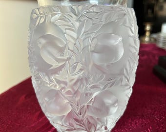 Lalique Dampierre Crystal Vase, Vintage Lalique Frosted Bird Vase