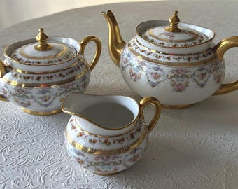 Antique JP France Limoges 3-Piece Tea Set POY63, Teapot, Sugar Bowl & Creamer, Gold Gilt Floral Porcelain, Matching Cups, Saucers Available