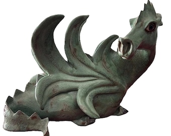 Escultura de dragón de cerámica vintage con esmalte verde, firmada por el artista, 10 x 11 pulgadas, 6,5 libras.