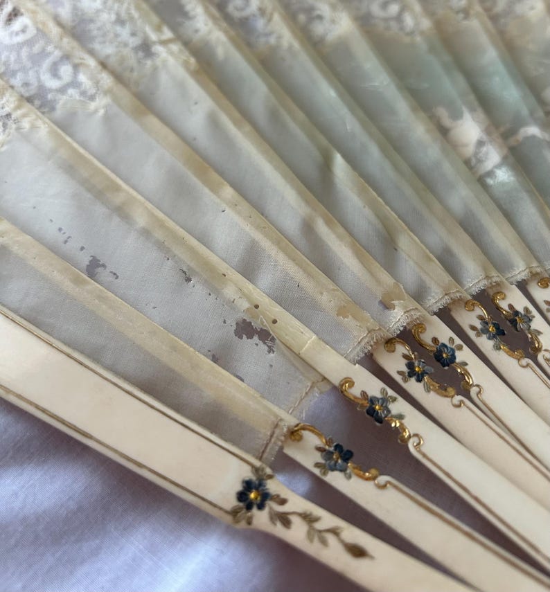 Antique Hand Painted Cherub Fan | Lace Trim Celluloid Edwardian Vanity Decor image 11