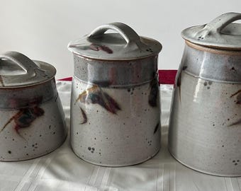 Vintage Handmade Pottery Canister Set: Speckled Stoneware Lidded Jars