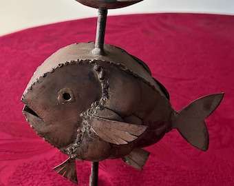 MCM Metal Fish Bronze Candle Holder Candlestick 9 in. Tall, Brutalist Style