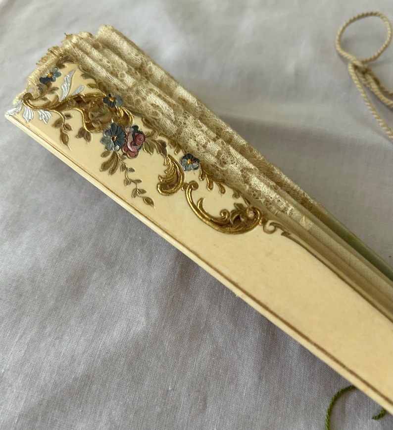 Antique Hand Painted Cherub Fan | Lace Trim Celluloid Edwardian Vanity Decor image 8