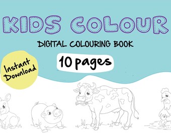 May include: A digital coloring book for kids with 10 pages featuring black and white illustrations of a cow, pig, rabbit, and a hen with chicks. The cover has the text "Kids Colour" and "Digital Colouring Book" in purple text with a stitched border. The text "Instant Download" is in a yellow circle.