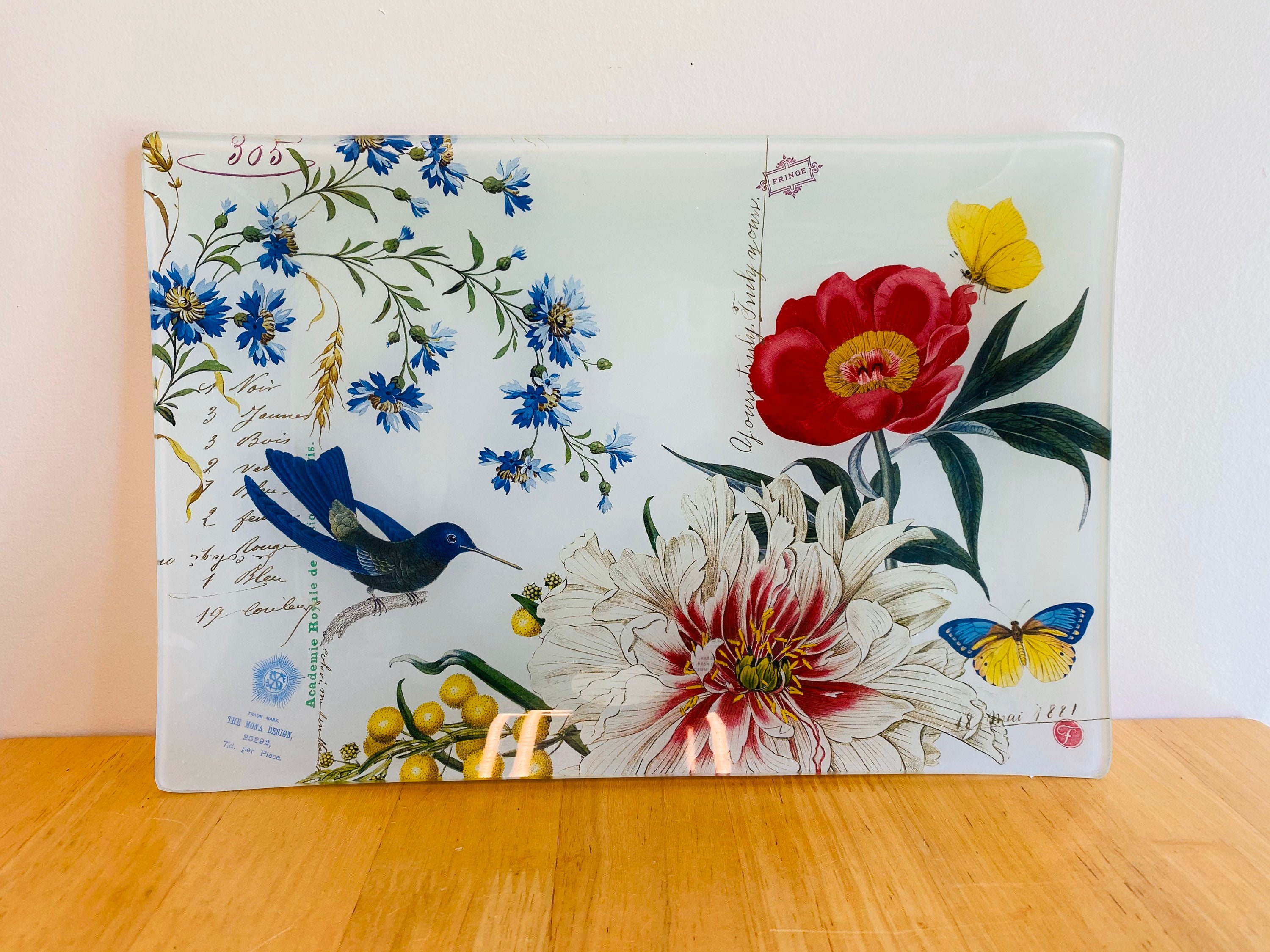 Vintage Fringe Studio Decorative Glass Tray Bird and Flowers Etsy