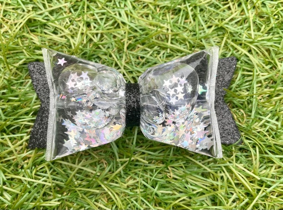 Silver and Black Holographic Sparkly-Worlds 1st H2BOW Water Filled Glitter Shaker Hair BowClip-