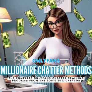 May include: A woman with long brown hair is sitting at a desk with a laptop. She is wearing a white shirt and has a laptop in front of her. The background is a blue wall with dollar bills falling from the ceiling. The text on the image reads "ONLYFANS MILLIONAIRE CHATTER METHODS THE COMPLETE ONLYFANS CHATTER TRAINING PROGRAM FROM THE TOP 0.01% CREATOR".