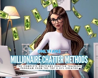 May include: A woman with long brown hair is sitting at a desk with a laptop. She is wearing a white shirt and has a laptop in front of her. The background is a blue wall with dollar bills falling from the ceiling. The text on the image reads "ONLYFANS MILLIONAIRE CHATTER METHODS THE COMPLETE ONLYFANS CHATTER TRAINING PROGRAM FROM THE TOP 0.01% CREATOR".