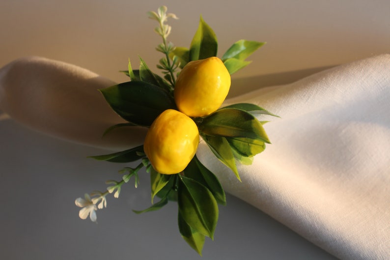 Lemon Floral Napkin Ring, Summer Trend Napkin Ring, Floral Napkin Holder, Yellow Napkin Ring, Wedding Table Decor, Plastic Artificial Lemon image 1