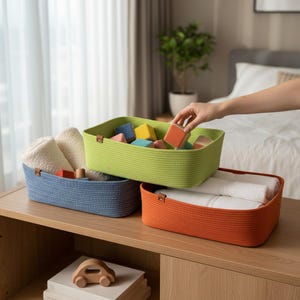 Cotton Rope Storage Basket, Cotton Cord Rectangular Basket, Storage Baskets for Shelves, Cotton Rope Organizer Baskets, Custom Size Basket