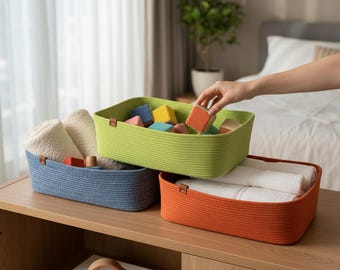 Cotton Rope Storage Basket, Cotton Cord Rectangular Basket, Storage Baskets for Shelves, Cotton Rope Organizer Baskets, Custom Size Basket