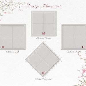 May include: Diagram showing different placement options for a design on a square or diamond-shaped surface. The options include bottom left, bottom center, bottom right, and lower diagonal.