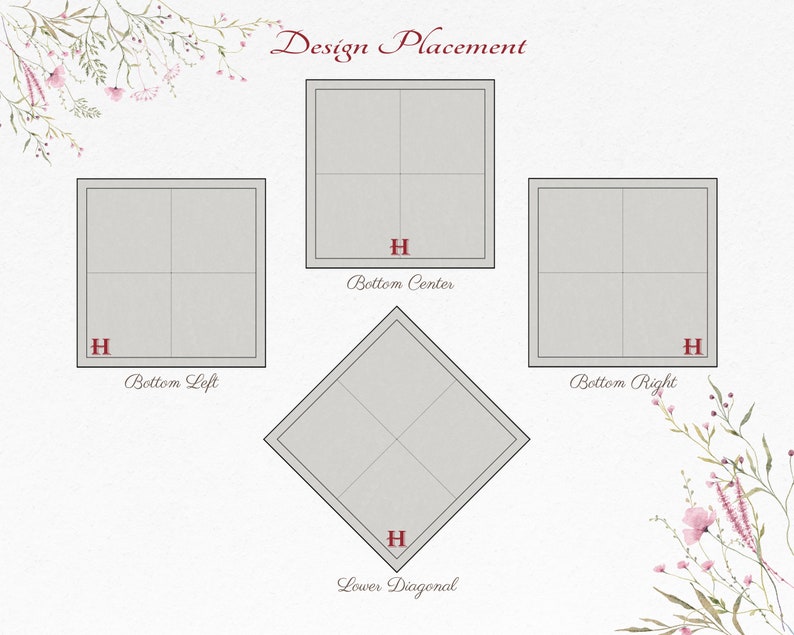 May include: Diagram showing different placement options for a design on a square or diamond-shaped surface. The options include bottom left, bottom center, bottom right, and lower diagonal.