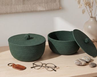 Cotton Rope Round Lidded Basket, Handmade Storage with Lid