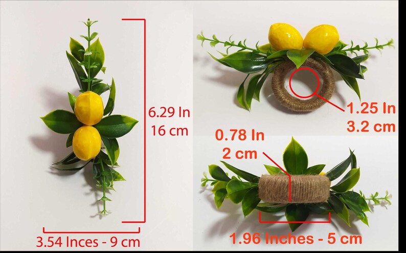 May include: A set of two lemon-themed napkin rings. Each ring is made of burlap and decorated with a small sprig of green leaves and three yellow lemons. The rings measure 1.96 inches in diameter and 0.78 inches in height.