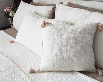 4-Layer Gauze Muslin Blanket, Cream Cotton Throw, Double-Sided, OEKO-TEX Certified
